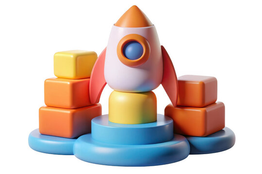 3d rocket launch toy blocks colorful cute spacecraft startup business icon illustration isolated on transparent background