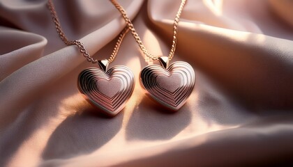 two matching heart shaped necklaces placed side by side on a soft fabric with gentle lighting