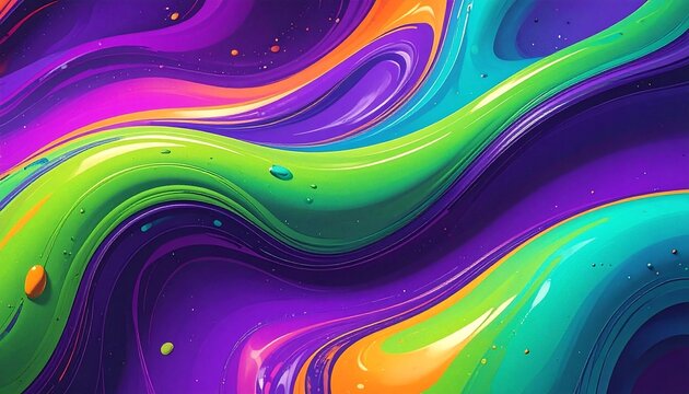Vibrant fluid art with flowing waves of purple, green, and orange hues.