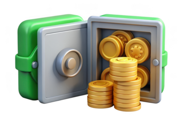 Cartoon green safe box with gold coins treasure, money saving, finance, banking, wealth, investment, security, protection, isolated on transparent background