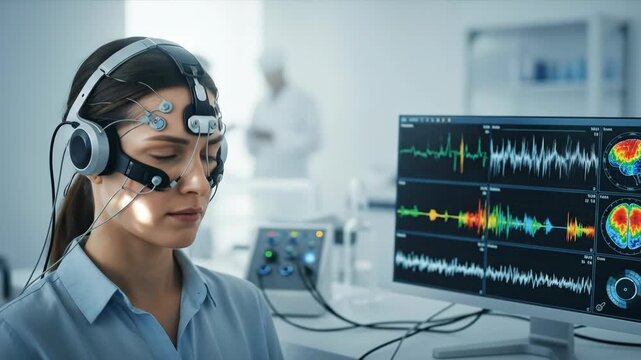 Woman in EEG headset undergoing brain activity scans, displaying neurological data visualizations on a monitor for scientific research.