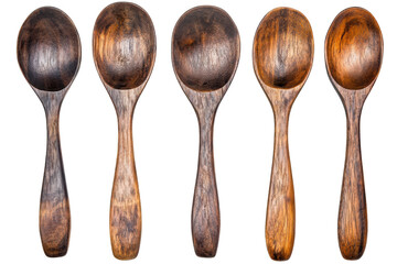 Set of five wooden spoons kitchen utensils cooking serving rustic style handcrafted carved isolated on transparent background