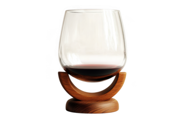 Elegant stemless wine glass with wooden base, red wine, drinkware, barware, glassware, celebration, isolated on transparent background