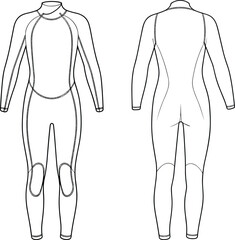 PrintTechnical flat sketch of full body wetsuit design with long sleeves, surf diving suit fashion illustration for apparel technical drawing template