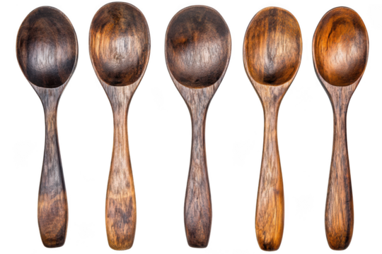 Set of five wooden spoons kitchen utensils cooking serving rustic style handcrafted carved isolated on transparent background