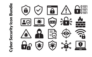 Cyber Security Icon Bundle. Digital Protection, Data Safety and Hacking Prevention Solid Vector Set. Virus and Firewall Concept.