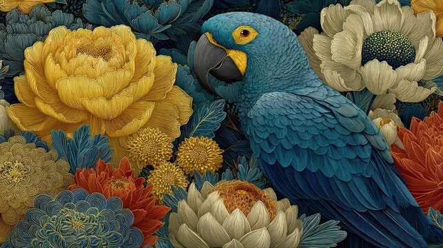 Elegant Blue Macaw Amidst Opulent Blooms a Symphony of Nature's Beauty - Powered by Adobe