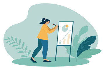 Focused employee meticulously plotting financial metrics on a dynamic chart board, showcasing business growth and strategic planning.