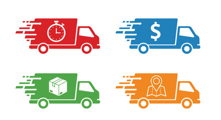 Fast delivery trucks with clock money package and location icons displayed