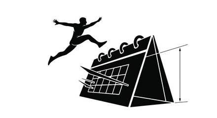 Silhouette of person jumping over calendar with arrow indicating height in black and white design
