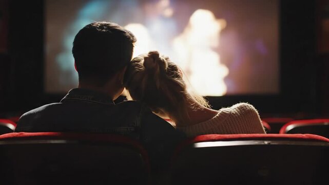 Rear view of caucasian man and woman watching movie in cinema, woman resting head on man shoulder, for date or entertainment concept.