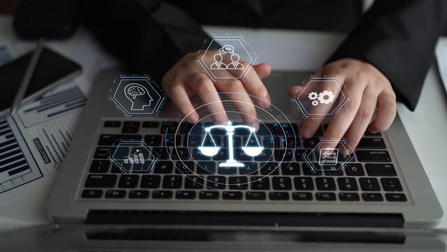 Futuristic digital law interface displaying justice scale, highlighting digital law, AI compliance, digital law systems, and digital law regulations for secure governance. Muxer