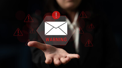 Digital warning mail interface highlights email threat detection, security monitoring, and proactive prevention of phishing and malware intrusions. Parse