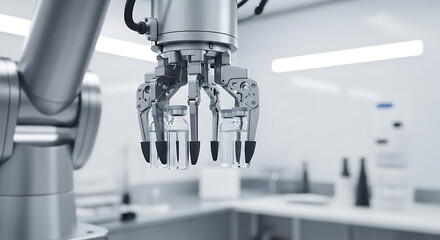 Precision automation with robotic arm expertly handling vials in modern pharmaceutical facility, driving innovation and efficiency in medical manufacturing processes