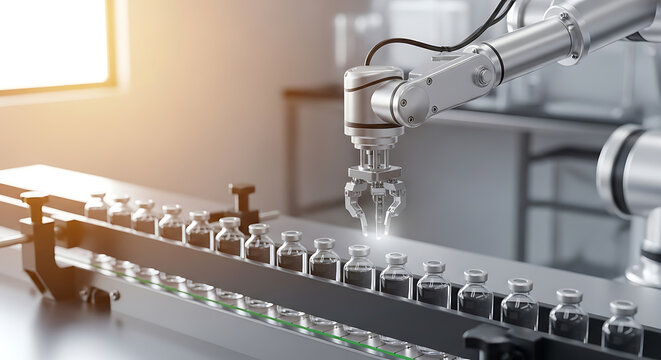 Automated precision manufacturing: Robotic arm handling vials on conveyor belt for pharmaceutical production, showcasing efficiency and advanced technology