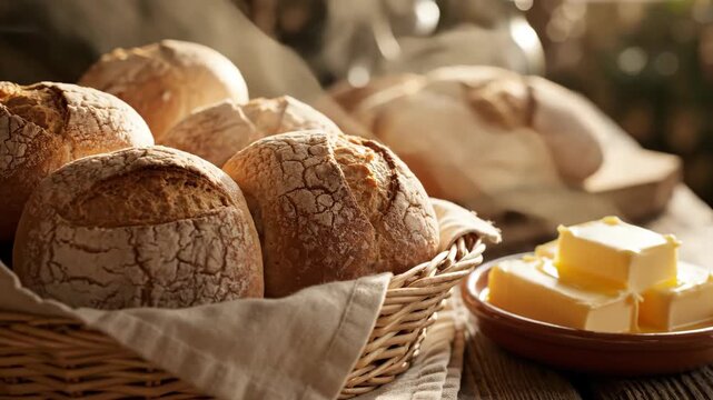 Fresh baked rolls in a woven basket with pats of butter on a wooden table, traditional breakfast food preparation