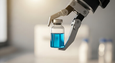 Robotic arm holding a vaccine vial with blue liquid inside, symbolizing automation in healthcare and scientific research, highlighting medical innovation