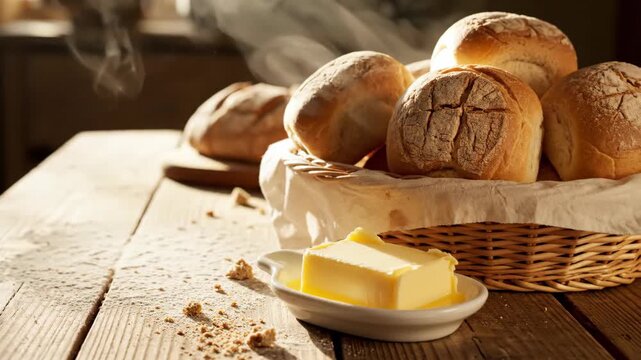 Bread rolls sequence on rustic wood table with butter, fresh from oven, with steam rising