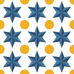 Obraz premium Seamless pattern of blue six-pointed stars and yellow circles on white background, modern geometric abstract design.