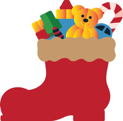 Red Christmas stocking overflowing with colorful gifts and toys present vector illustration EPS file download.

