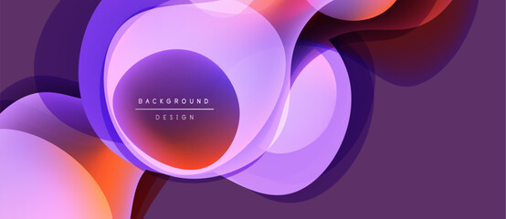 Abstract purple design features overlapping circles, gradients. Modern background suitable for banners, presentations. Smooth shapes create dynamic visual effect.