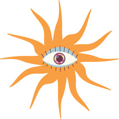 Mystical Eye Sun Symbol with Orange Rays and Pastel Colors on White Background