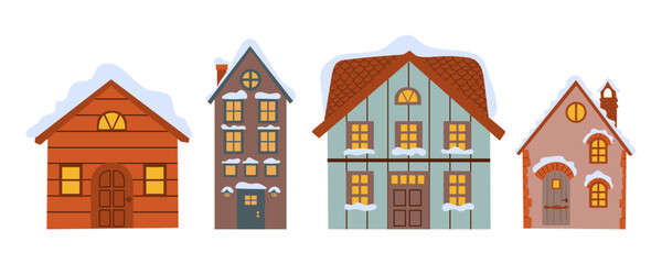 Fototapeta premium Country House in Winter Season with Chimney and Roof Covered with White Snow Vector Set illustration hand drawn flat illustration .