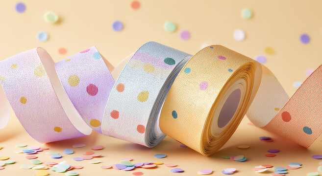 the image shows several rolls of polka dot patterned tape in pastel colors,
