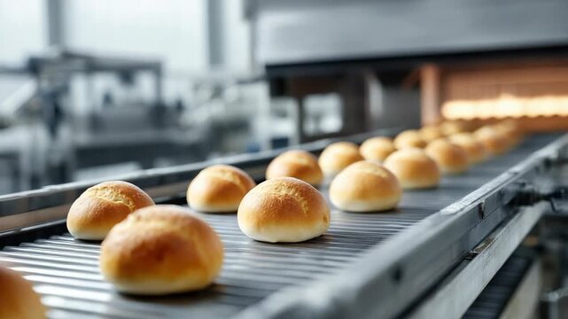 Golden Brown Bread Rolls Freshly Baked on a Conveyor Belt in a Commercial Bakery with Steam Rising and Oven Light in the Background