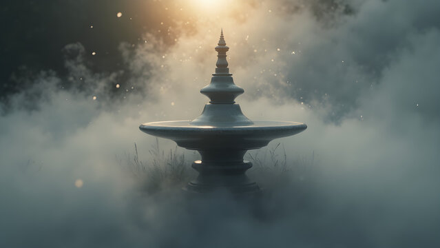 Fog forming around a gyroscope. Spinning gyroscope and fog effects. Understanding gyroscope motion in fog. Gyroscope physics and atmospheric phenomena.