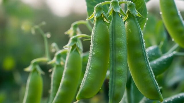 Captivating close-up of fresh green pea pods covered in morning dew in a sunny farm field