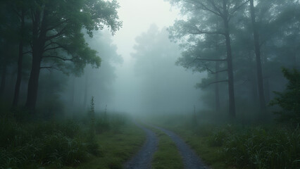 Obraz premium Fog rolling through a dense forest. Ultra-realistic forest fog images. Mysterious fog in woodland scenery. Captivating foggy forest landscapes.