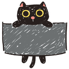 Cute black cat cartoon carved a sign