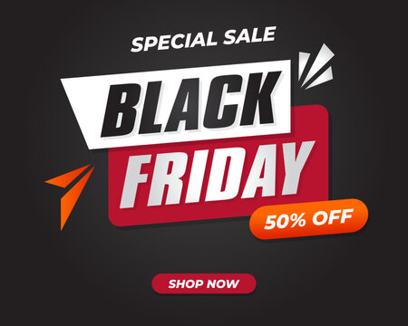 Bold Black Friday sale banner with dynamic shapes, dark background, red and orange accents, and a 50% discount highlight.