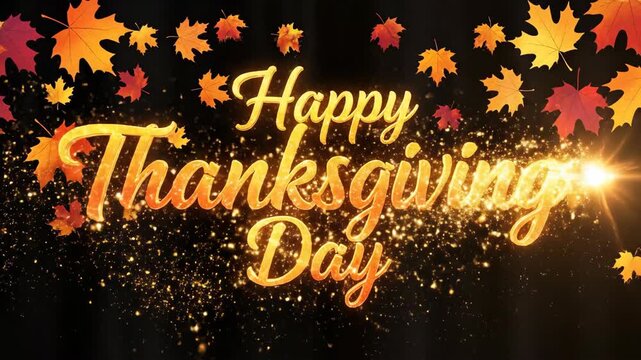 Happy Thanksgiving Day appearing with golden glitter and autumn leaves against a dark background for celebration greeting card animation.