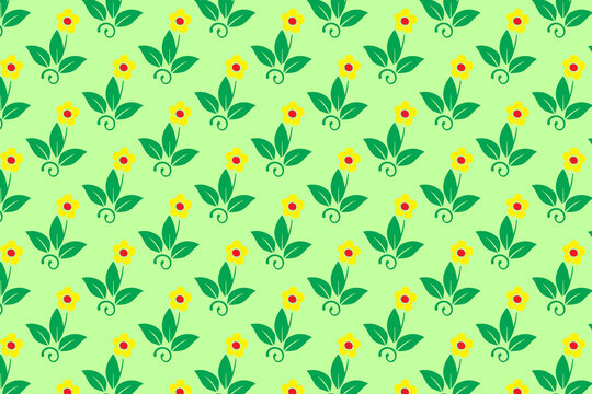 Charming green background with repeating yellow flower and leaf pattern