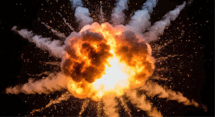 Fiery explosion with smoke and sparks against a dark background creating a dramatic scene effect