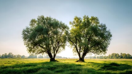 Two lush green trees stand prominently in a sunlit grassy meadow under a clear sky