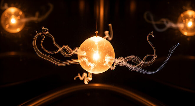 Illuminated sphere with swirling smoke and a dark background creating an abstract composition