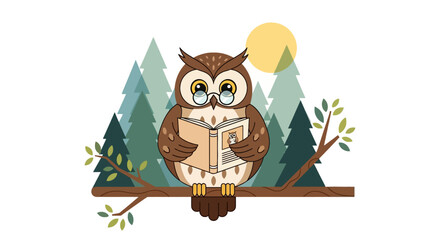 Cute cartoon owl character illustration sitting on a branch with big eyes and brown feathers, perfect for a fun vector icon drawing isolated on a white background