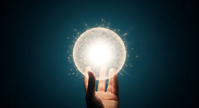 A hand holding a glowing orb with radiating sparkles against a dark teal colored background