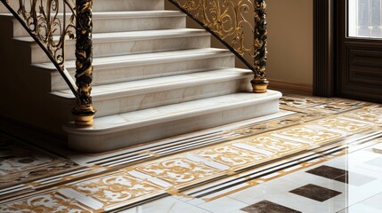 Luxurious marble staircase with ornate gold railings and patterned floor in a grand interior