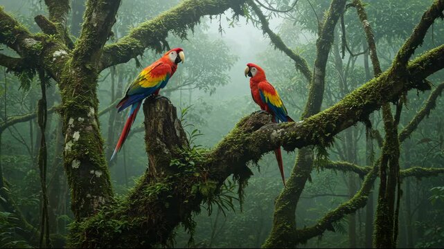 A captivating scene of colorful macaws perched on mossy tree branches in a misty rainforest, showcasing vibrant wildlife and lush green vegetation.