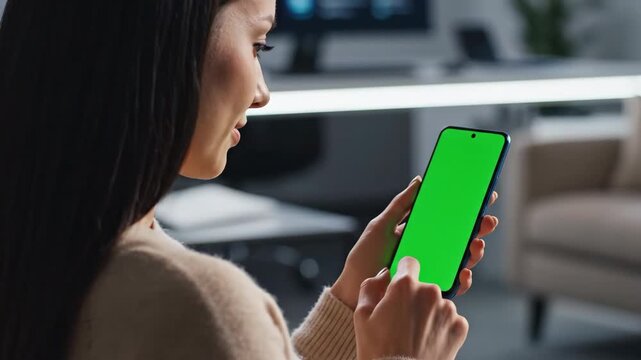 Asian woman skillfully uses her smartphone with a vibrant green screen for seamless mobile app integration and captivating digital interaction
