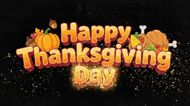 Happy Thanksgiving Day animated greeting card with pumpkin, acorns, and cornucopia text on black background with glitter dynamics