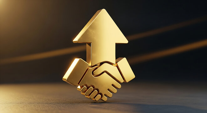 A golden handshake with an arrow pointing up on a dark background indicating business growth concept - Powered by Adobe