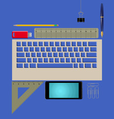 Various desktop office items are seen in a 3-d background llustration with copy space.