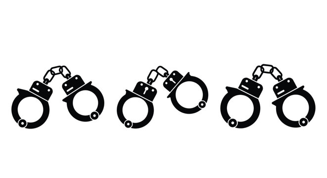 A series of black and white images depicting metal police handcuffs