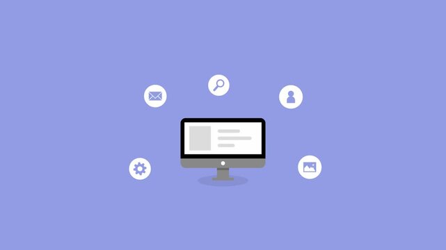 A sleek flat design illustration showcasing a desktop computer as the central hub, surrounded by modern icons symbolizing diverse online services, web functionalities, and digital user interaction