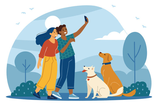 Joyful young friends capturing a sunny park selfie with their beloved dogs, pure friendship and pet love.